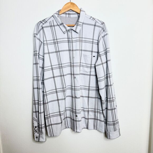 Vuori Men's XXL Seaview Plaid Flannel Button-Down Fleece Shirt Frost Grey White - Picture 5 of 9